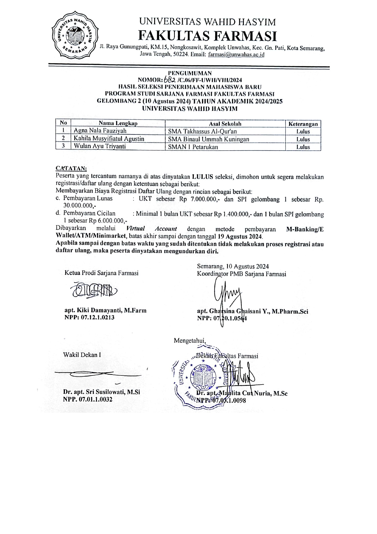 PENGUMUMAN HASIL SELEKSI PMB PROGRAM STUDI S1-FARMASI GELOMBANG 2 PERIODE AGUSTUS-3 TA. 2024/2025